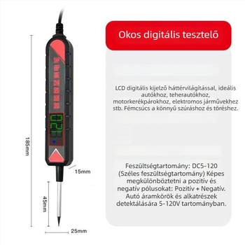 Autóteszt toll LED indikátorral és digitális kijelzővel, 12V/24V/70V, áramkör és biztosíték detektálás