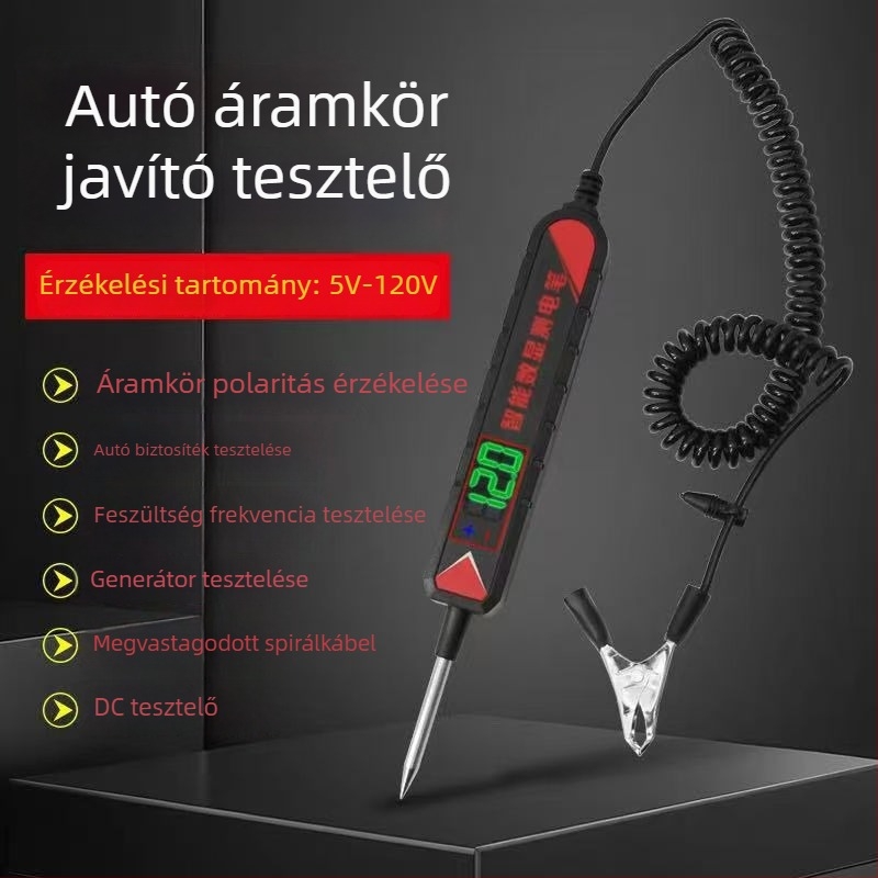 Autóteszt toll LED indikátorral és digitális kijelzővel, 12V/24V/70V, áramkör és biztosíték detektálás