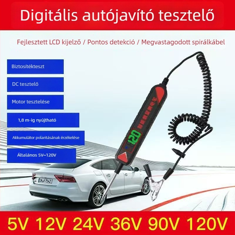 Autóteszt toll LED indikátorral és digitális kijelzővel, 12V/24V/70V, áramkör és biztosíték detektálás