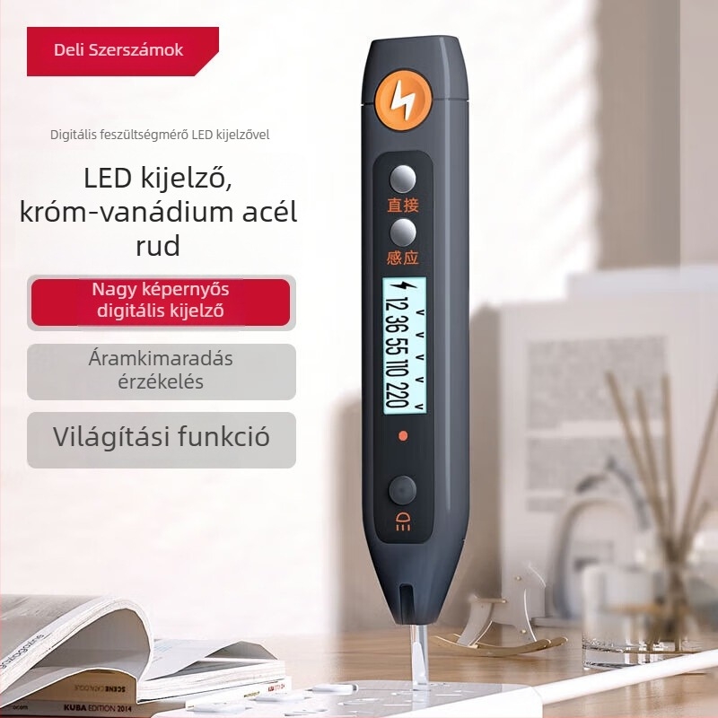 Feszültség-teszt toll digitális kijelzővel — Deli HT7005, 12–250V, multifunkcionális indukciós tesztelő otthoni használatra
