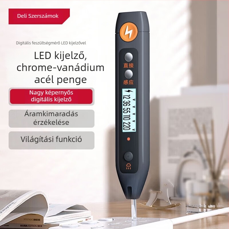 Feszültség-teszt toll digitális kijelzővel — Deli HT7005, 12–250V, multifunkcionális indukciós tesztelő otthoni használatra