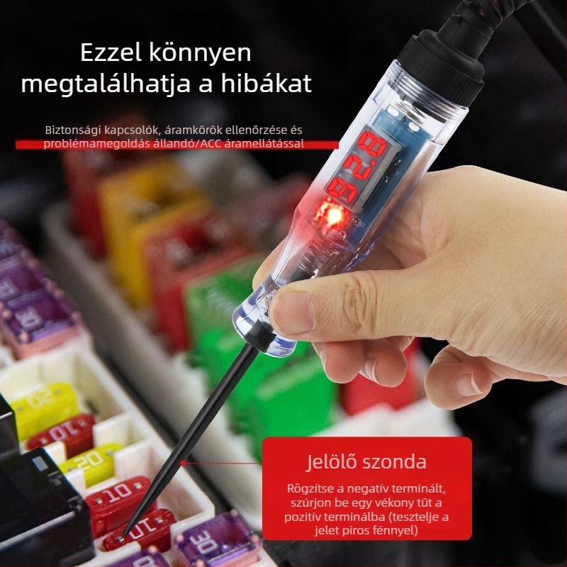 Autóvillamossági digitális kijelzős tesztpen, 5–120V, áramkörök vizsgálata