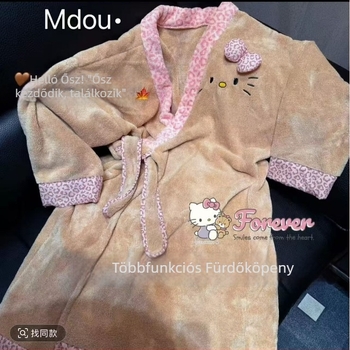 Leopard mintás fürdőköntös korall plüss anyagból, vastag, meleg téli viselet nőknek, 85% poliészter