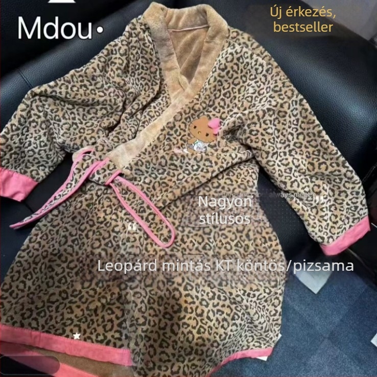 Leopard mintás fürdőköntös korall plüss anyagból, vastag, meleg téli viselet nőknek, 85% poliészter