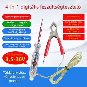 Feszültség-tesztelő toll LED-lámpával, digitális kijelző, négyfunkciós, autódiagnosztika, 3-48V tartomány, készlet 1 db, kb. 30 g