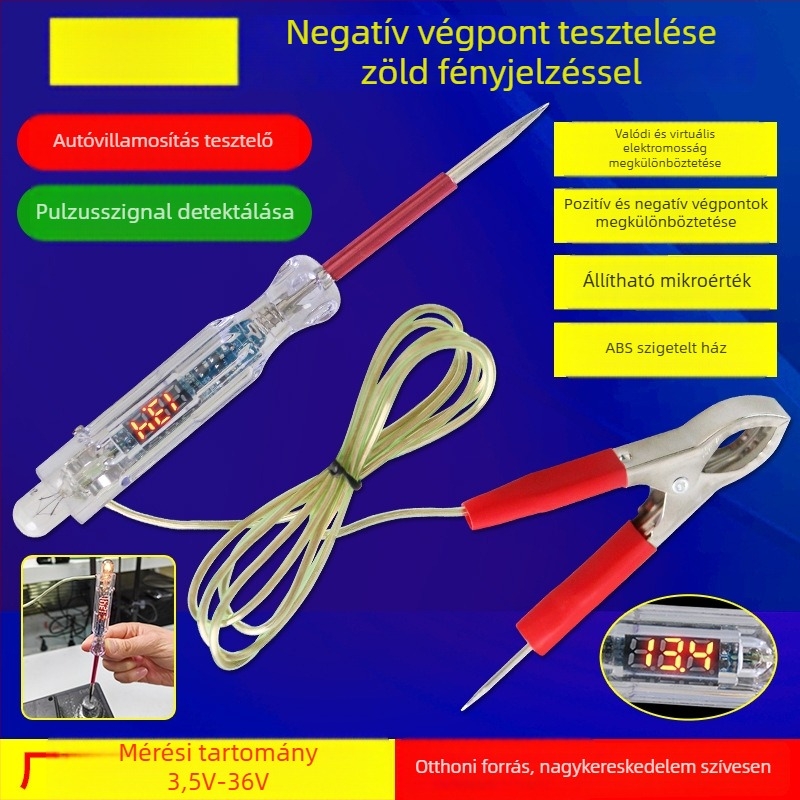 Feszültség-tesztelő toll LED-lámpával, digitális kijelző, négyfunkciós, autódiagnosztika, 3-48V tartomány, készlet 1 db, kb. 30 g