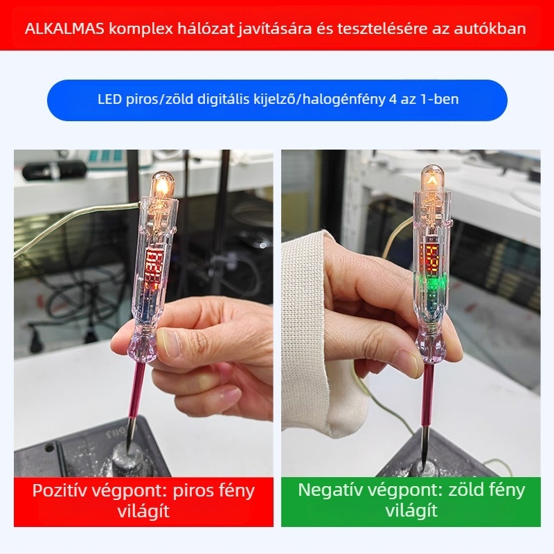 Feszültség-tesztelő toll LED-lámpával, digitális kijelző, négyfunkciós, autódiagnosztika, 3-48V tartomány, készlet 1 db, kb. 30 g
