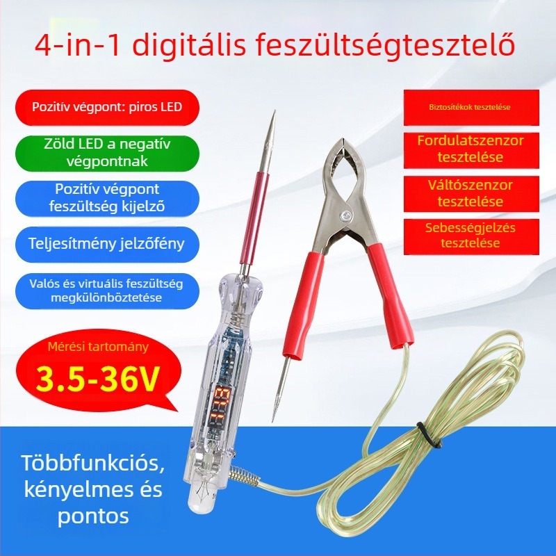Feszültség-tesztelő toll LED-lámpával, digitális kijelző, négyfunkciós, autódiagnosztika, 3-48V tartomány, készlet 1 db, kb. 30 g