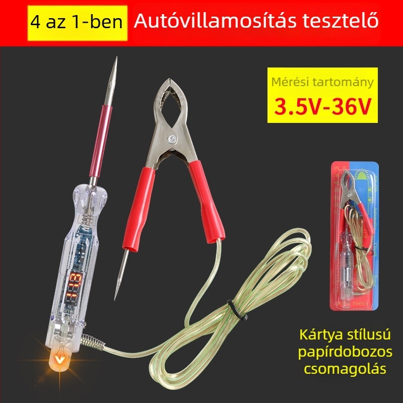 Feszültség-tesztelő toll LED-lámpával, digitális kijelző, négyfunkciós, autódiagnosztika, 3-48V tartomány, készlet 1 db, kb. 30 g