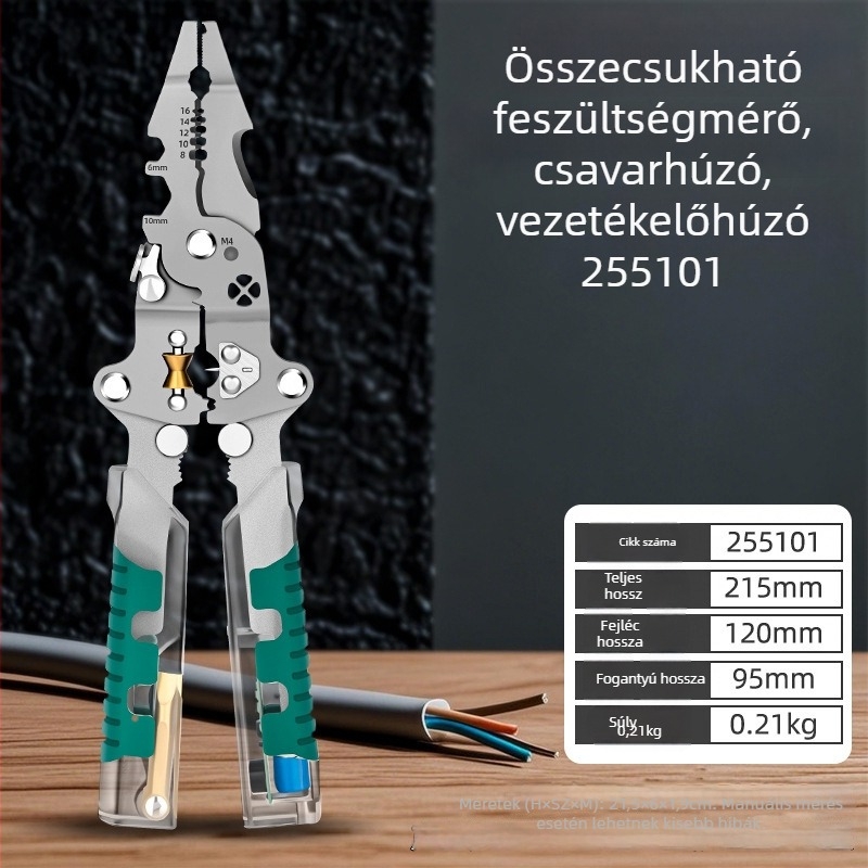 Összecsukható villanyszerelő multiszerszám: feszültségmérő toll, csavarhúzó, vezetékleválasztó fogó, krimpelő és vezetékek tekerésére alkalmas fogó