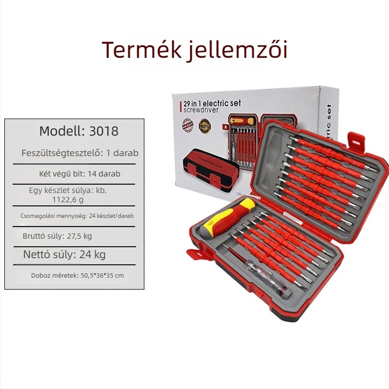 Hezhou 29-in-1 szigetelt csavarhúzó készlet elektromérnököknek, keresztes fejű csavarhúzó, CR-V acél, mágneses, markolat PP+TPR, súly 1.035