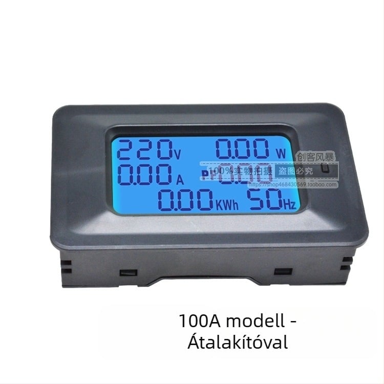 Házias AC feszültség–áram–teljesítmény mérő digitális kijelzővel — 110-250V AC, 20A transzformátor nélkül / 100A transzformátorral; méri a feszültséget, áramerősséget, teljesítményt és frekvenciát