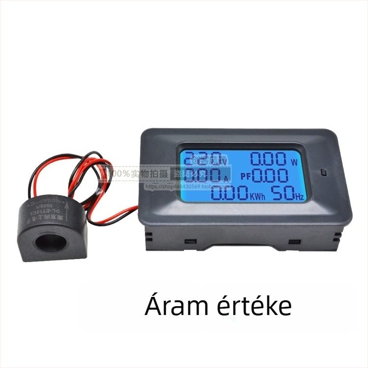 Házias AC feszültség–áram–teljesítmény mérő digitális kijelzővel — 110-250V AC, 20A transzformátor nélkül / 100A transzformátorral; méri a feszültséget, áramerősséget, teljesítményt és frekvenciát