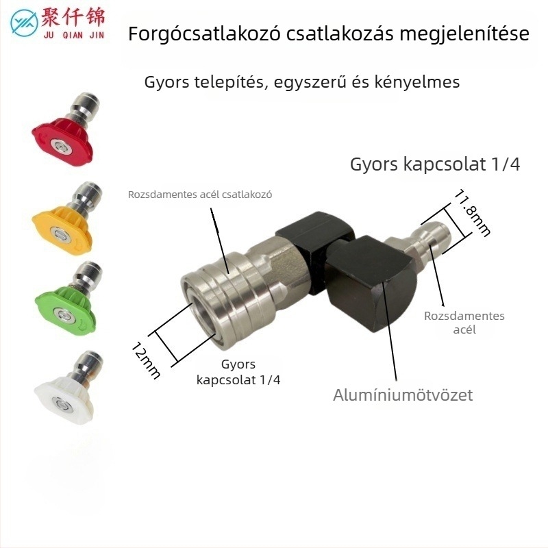 1/4 hüvelykes gyorscsatlakozású magasnyomású vízpisztoly, 360° forgó univerzális csukló; alumínium, réz és rozsdamentes acélból