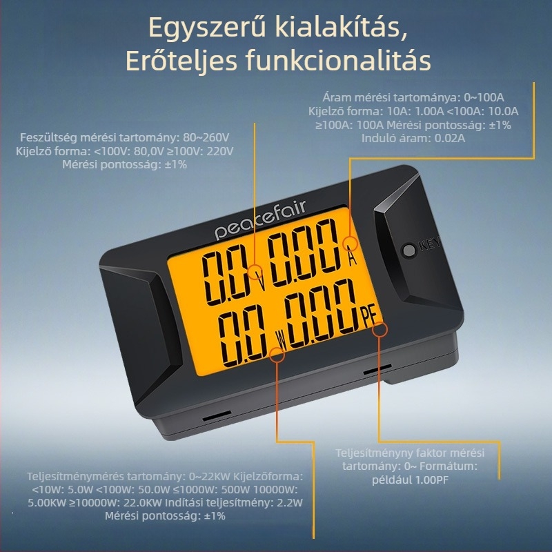 AC digitális kijelzős többfunkciós mérő, feszültség- és árammérés, teljesítményfaktor, teljesítményfigyelés, 0-100 A