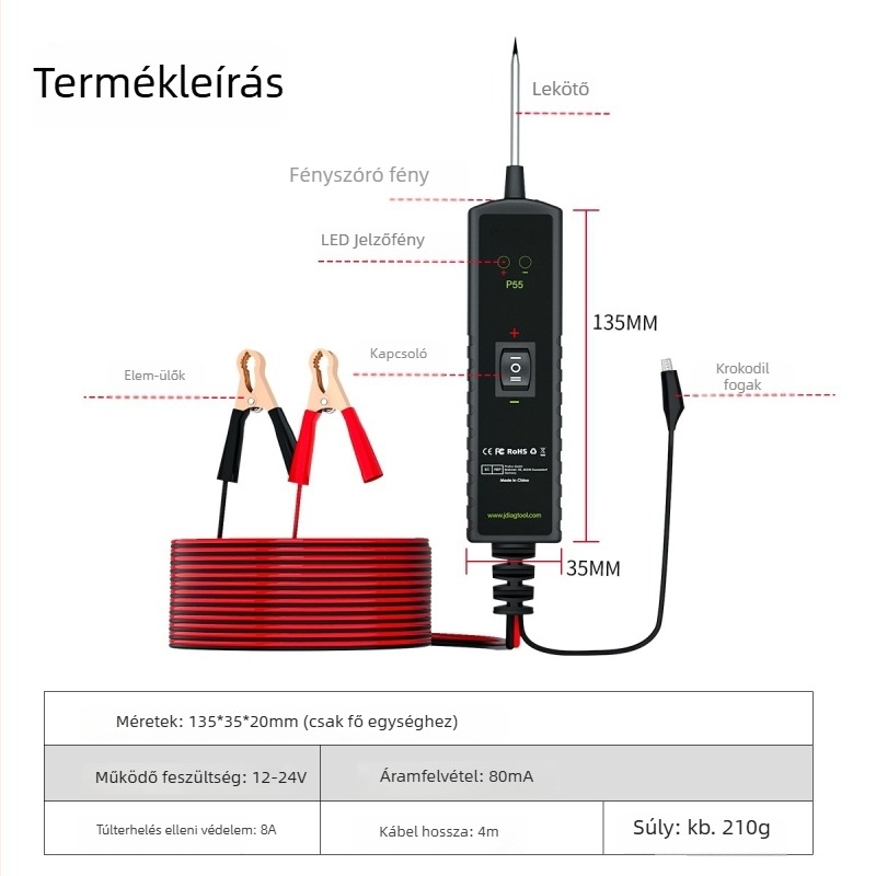 Autóhiba diagnosztikai műszer, modell P55, 12-24V, -10°C-tól 40°C-ig, autókhoz és motorkerékpárokhoz