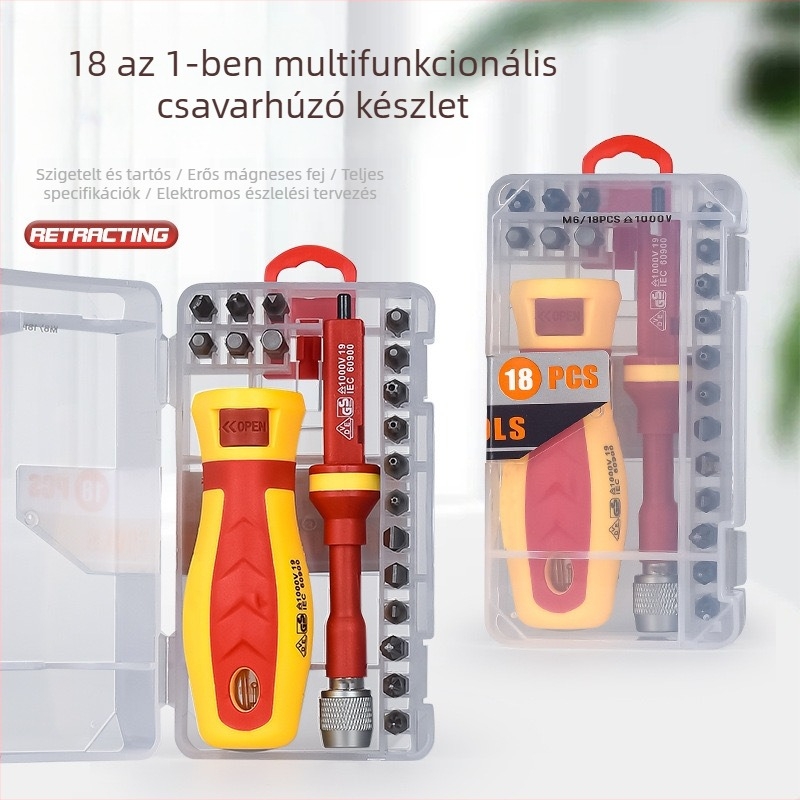 Izolált csavarhúzó készlet 18 az 1-ben, feszültségmérővel, Cr-V chrome vanádium acél, mágneses tippek