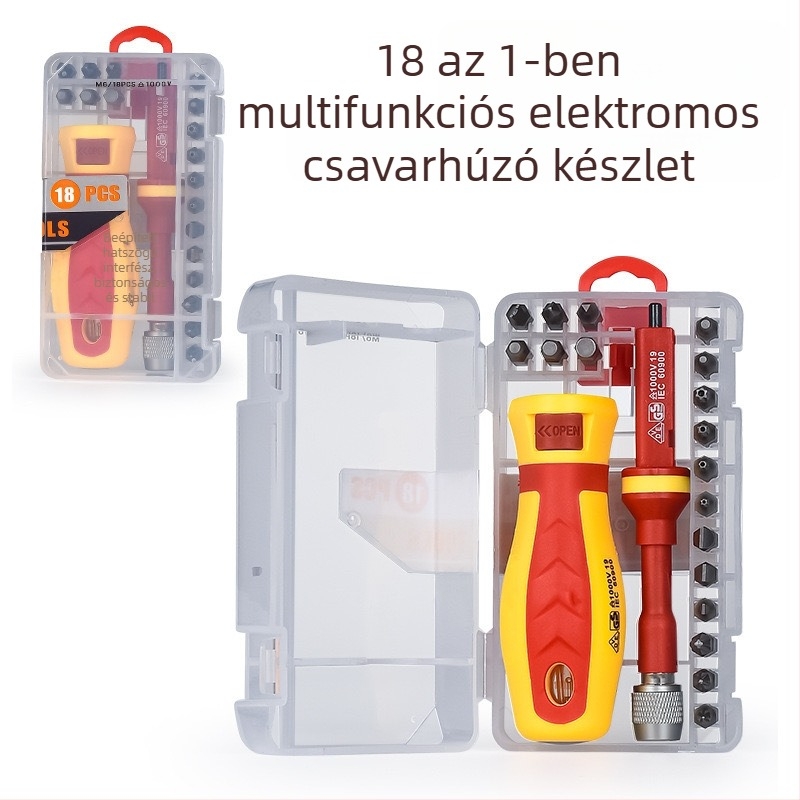 Izolált csavarhúzó készlet 18 az 1-ben, feszültségmérővel, Cr-V chrome vanádium acél, mágneses tippek