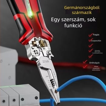 Elektronikus szerelőfogó, hegyesorrú, többfunkciós: kábelek vágása, vezetékek összenyomása, szigetelés eltávolítása és huzalok tekerése