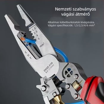 Elektronikus szerelőfogó, hegyesorrú, többfunkciós: kábelek vágása, vezetékek összenyomása, szigetelés eltávolítása és huzalok tekerése