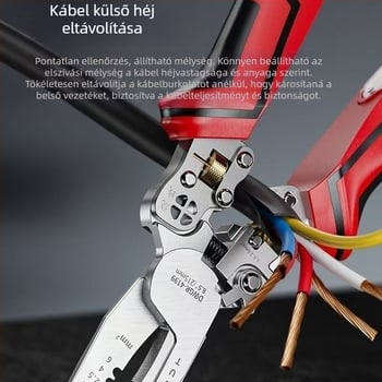 Elektronikus szerelőfogó, hegyesorrú, többfunkciós: kábelek vágása, vezetékek összenyomása, szigetelés eltávolítása és huzalok tekerése