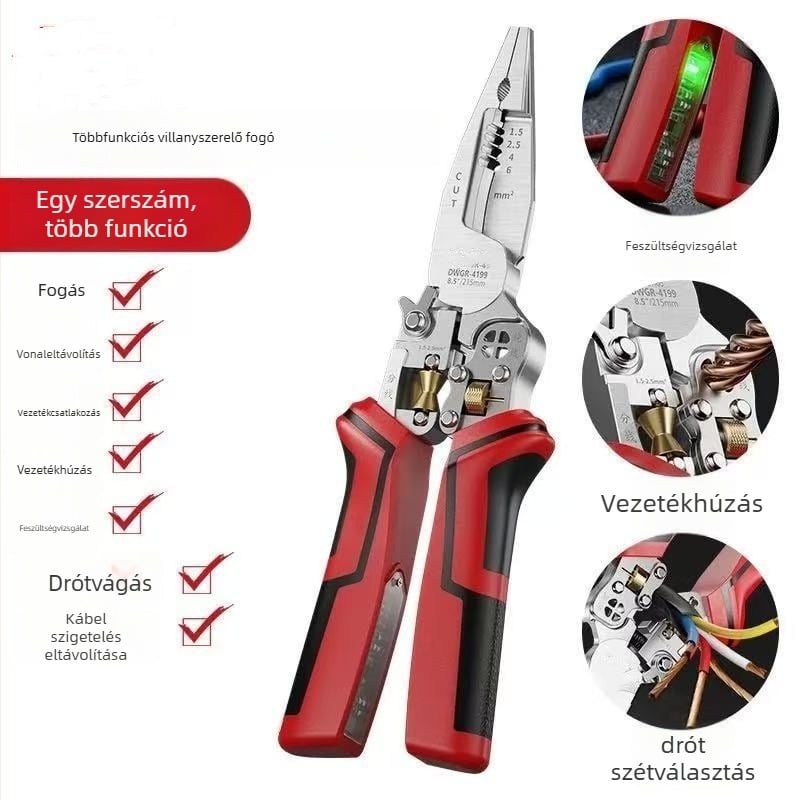 Elektronikus szerelőfogó, hegyesorrú, többfunkciós: kábelek vágása, vezetékek összenyomása, szigetelés eltávolítása és huzalok tekerése