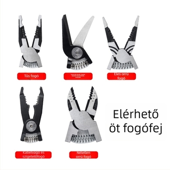 6 az 1-ben cserélhető fejű huzalos fogó elektroműszerészeknek — többfejű fogó, drótnyitó, ónvágó olló