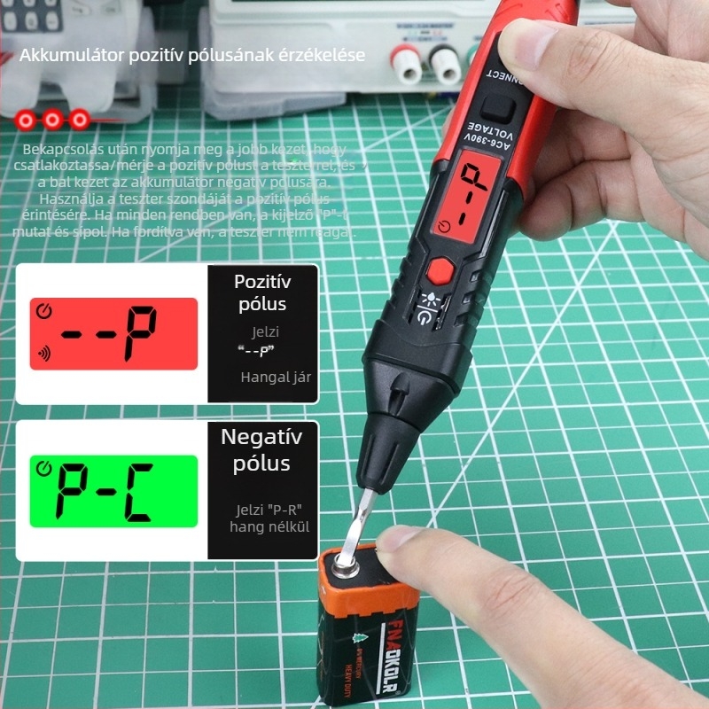 HT96A feszültségmérő toll hangos figyelmeztetéssel, érzékelővel, digitális kijelzővel, 6V-390V, villanyszerelőknek