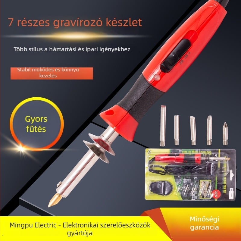 Állítható hőmérsékletű villamos forrasztó készlet – 7 részes otthoni javításokra és pirográfiához, műanyag markolat, 220V
