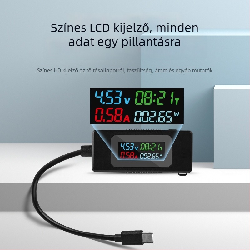 Type-C mobil töltőteszter: áram- és feszültségmérés, töltési teljesítmény mérés, digitális kijelző