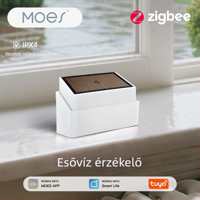 MOES Zigbee intelligens esőérzékelő és kültéri fényérzékelő, IPx4 vízálló, CR123A elemről működik