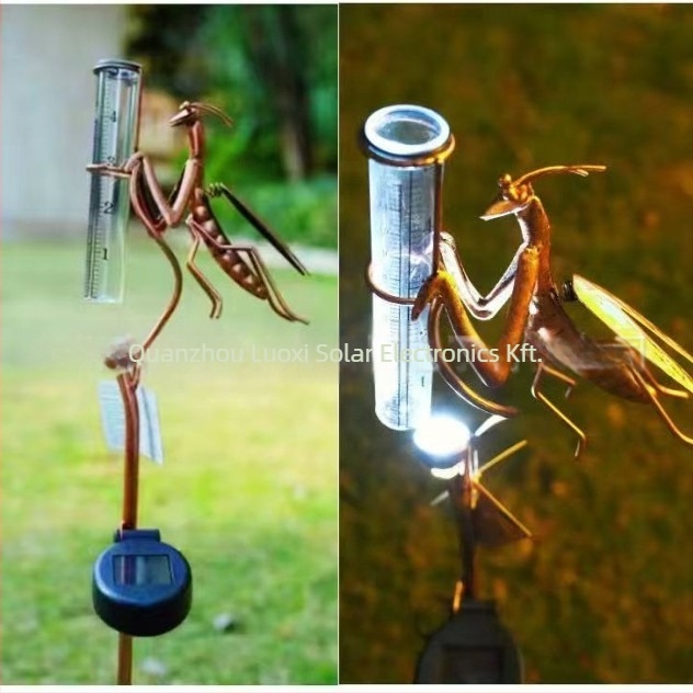 Napsugarenergia által működtetett vasból készült kerti dísz, bogár formájú, esőmérővel, modell LKS-1105, IP65, 0,5W világítás, CE tanúsítvány
