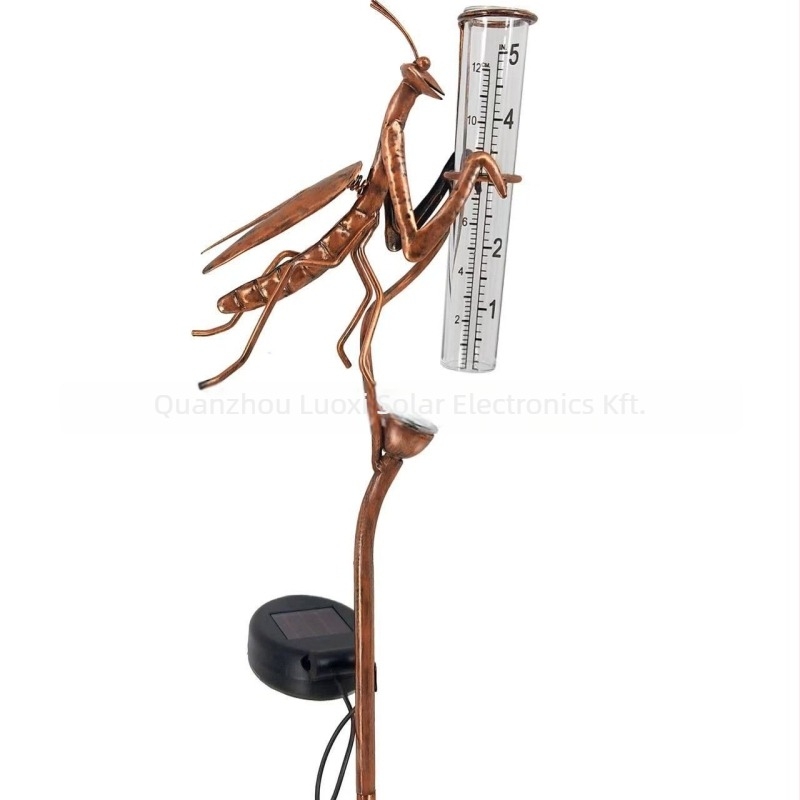 Napsugarenergia által működtetett vasból készült kerti dísz, bogár formájú, esőmérővel, modell LKS-1105, IP65, 0,5W világítás, CE tanúsítvány