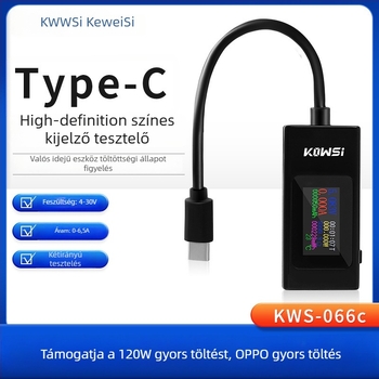 USB áram–feszültség–kapacitás–teljesítmény tesztelő eszköz, KWS-066C monitor, Cosway, bemeneti feszültség 4-30 V, környezeti hőmérséklet 60°C, tömeg 20