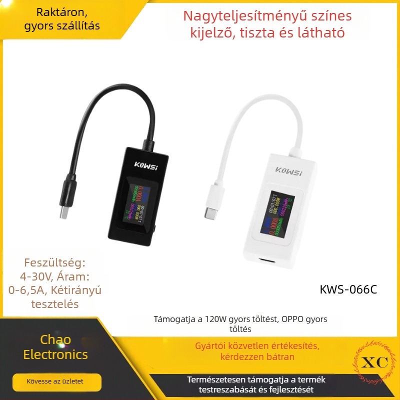 USB áram–feszültség–kapacitás–teljesítmény tesztelő eszköz, KWS-066C monitor, Cosway, bemeneti feszültség 4-30 V, környezeti hőmérséklet 60°C, tömeg 20