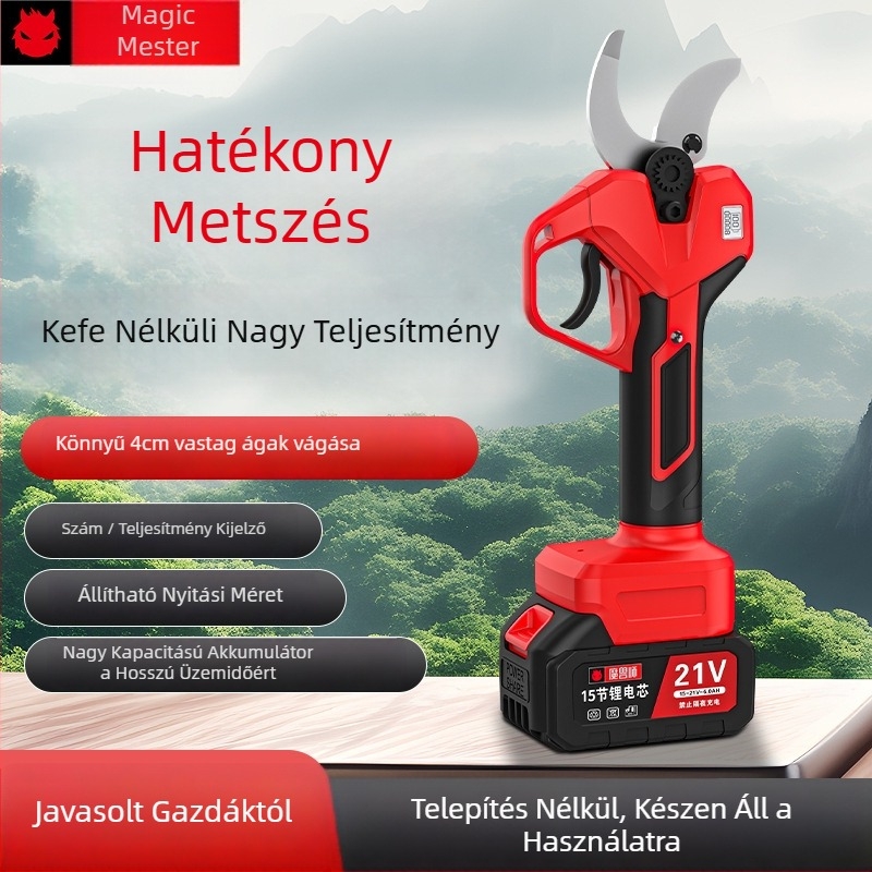 Elektromos metszőolló brushless motorral, Li-ion akkumulátorral, nagy teljesítmény, hosszú akkumulátor-üzemidő, állítható