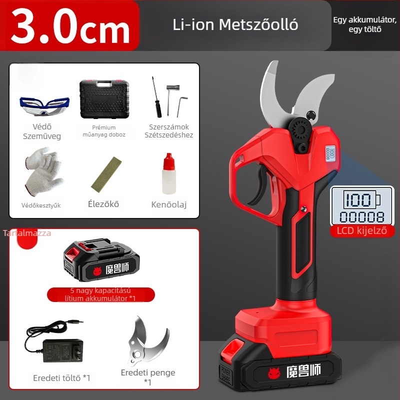 Elektromos metszőolló brushless motorral, Li-ion akkumulátorral, nagy teljesítmény, hosszú akkumulátor-üzemidő, állítható