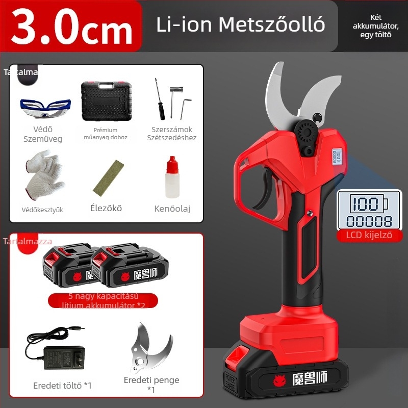 Elektromos metszőolló brushless motorral, Li-ion akkumulátorral, nagy teljesítmény, hosszú akkumulátor-üzemidő, állítható