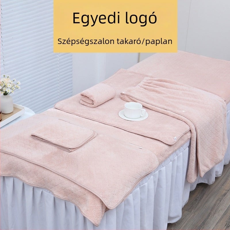 Szépségszalon törölközők készlet: fej törölköző, nedvszívó masszázs- és terápiás törölköző, vastag ágytörölköző logóval