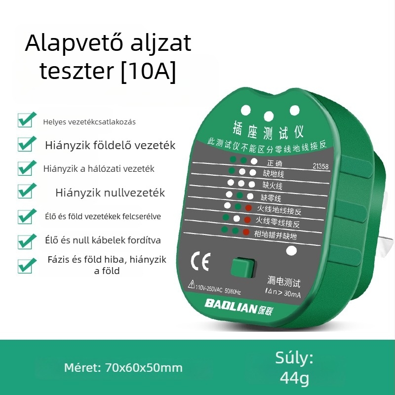 Fázisdetektor multifunkcionális digitális kijelzővel, aljzat–dugó detektor, szivárgásészlelés
