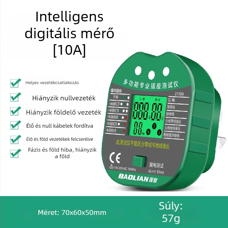Fázisdetektor multifunkcionális digitális kijelzővel, aljzat–dugó detektor, szivárgásészlelés