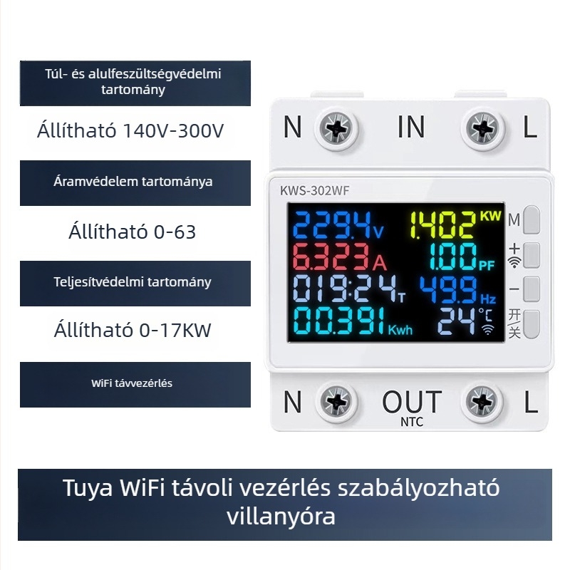 Okos WiFi LCD mérőóra vezérlő távirányítással, védelem: túláram, túlmelegedés és túlfeszültség.