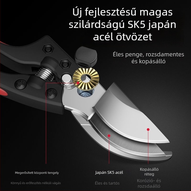 Kertészeti metszőolló ergonomikus kialakítással gyümölcsfákhoz és virágokhoz