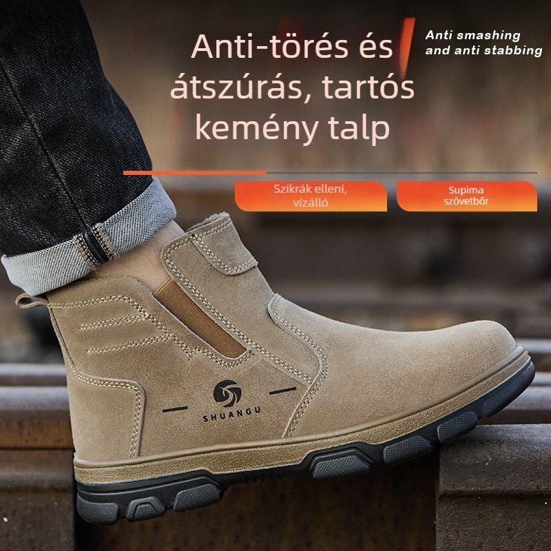 Hegesztő védőcipő: könnyű slip-on, lélegző velúr marhabőr, középmagas felsőrész, acél orr, ütésálló és átszúrás elleni védelem