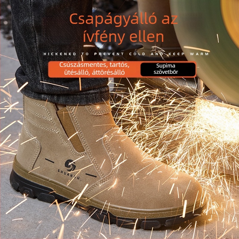 Hegesztő védőcipő: könnyű slip-on, lélegző velúr marhabőr, középmagas felsőrész, acél orr, ütésálló és átszúrás elleni védelem