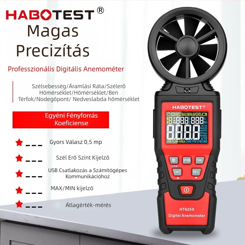 HABOTEST HT625A/B kézi anemométer, digitális légáramlás-tesztelő, nagy pontosságú szélsebesség, hőmérséklet és páratartalom mérő