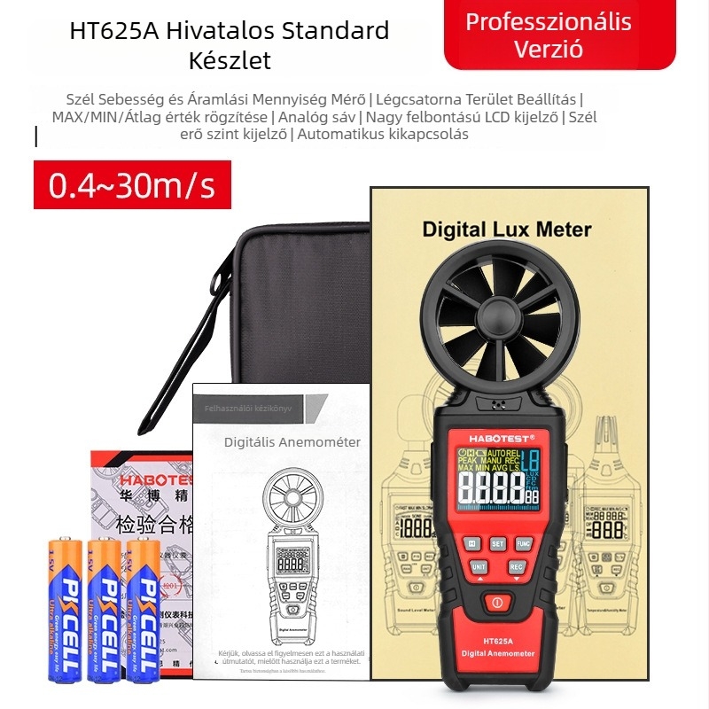 HABOTEST HT625A/B kézi anemométer, digitális légáramlás-tesztelő, nagy pontosságú szélsebesség, hőmérséklet és páratartalom mérő