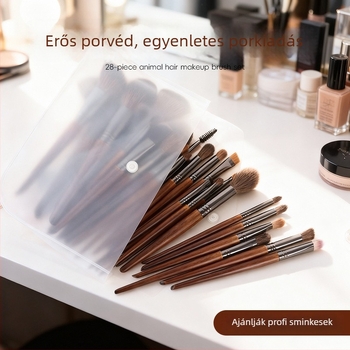 28 darabos sminkecset-készlet szintetikus sörtékkel és hosszú nyelű fa nyéllel