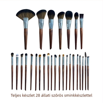 28 darabos sminkecset-készlet szintetikus sörtékkel és hosszú nyelű fa nyéllel