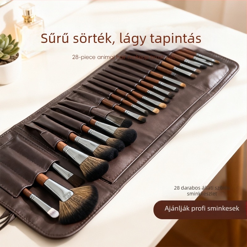28 darabos sminkecset-készlet szintetikus sörtékkel és hosszú nyelű fa nyéllel